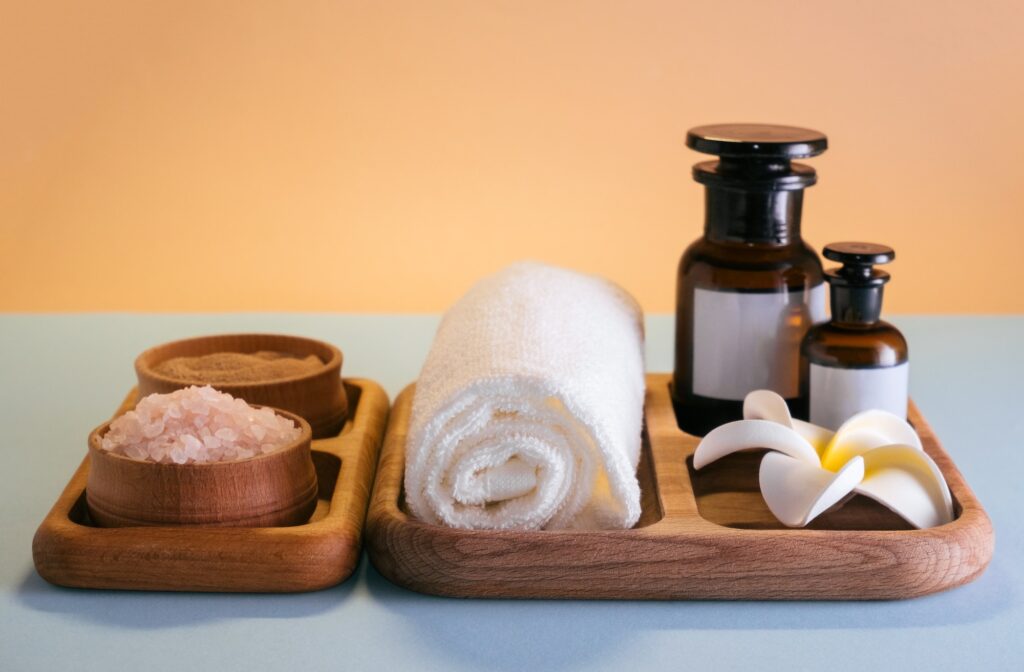 Spa set on wooden tray. Self care, wellbeing concept.